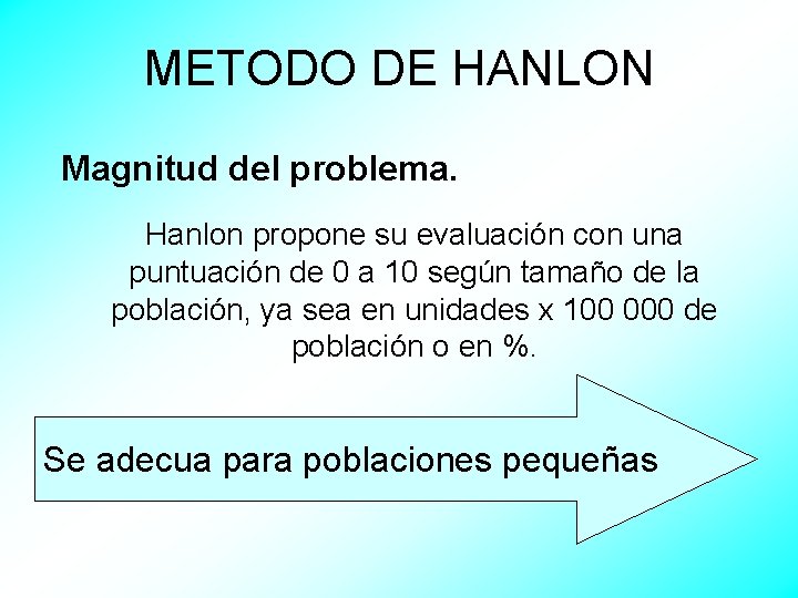 METODO DE HANLON Magnitud del problema. Hanlon propone su evaluación con una puntuación de
