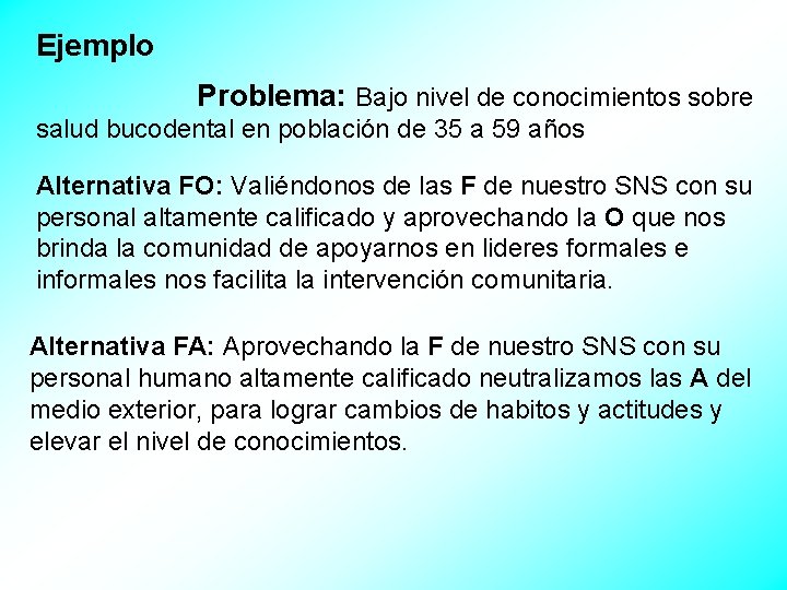 Ejemplo Problema: Bajo nivel de conocimientos sobre salud bucodental en población de 35 a