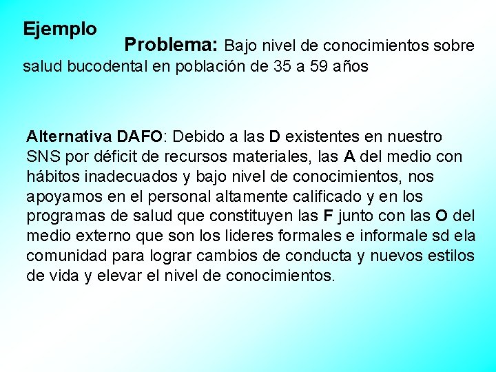 Ejemplo Problema: Bajo nivel de conocimientos sobre salud bucodental en población de 35 a