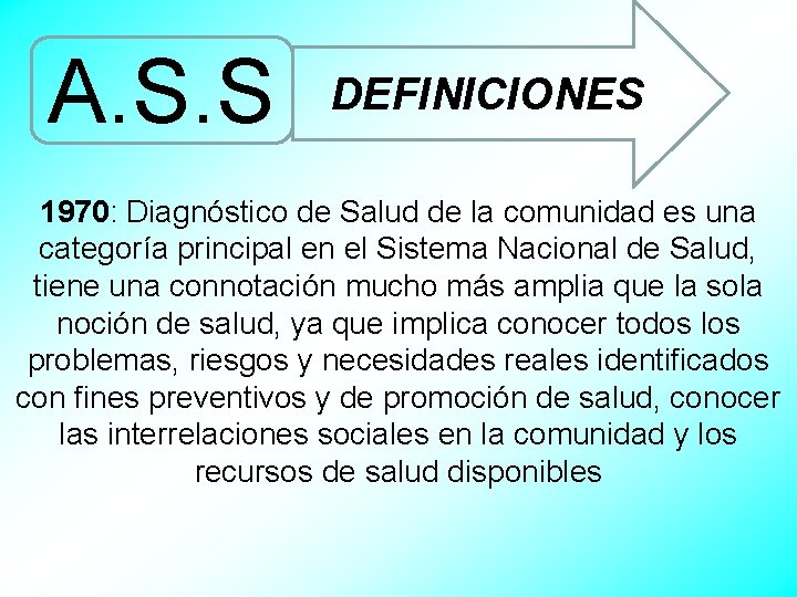 A. S. S DEFINICIONES 1970: Diagnóstico de Salud de la comunidad es una categoría
