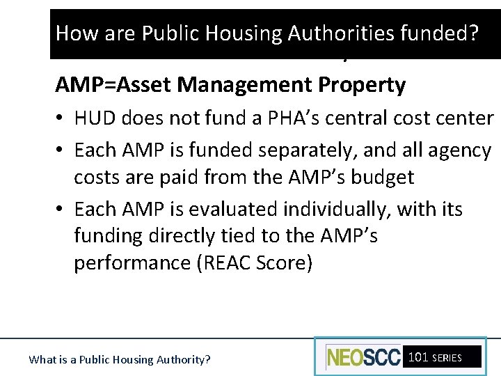 How are Public Housing Authorities funded? PHAs and the AMP System AMP=Asset Management Property