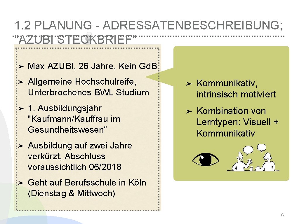 1. 2 PLANUNG - ADRESSATENBESCHREIBUNG; "AZUBI STECKBRIEF" ➤ Max AZUBI, 26 Jahre, Kein Gd.