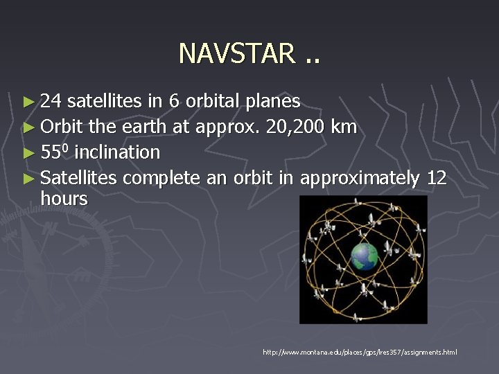 NAVSTAR. . ► 24 satellites in 6 orbital planes ► Orbit the earth at