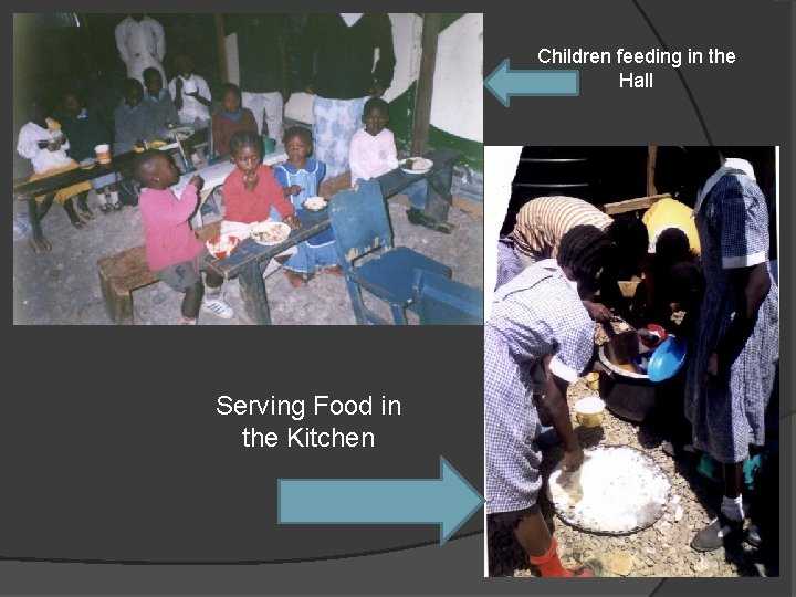 Children feeding in the Hall Serving Food in the Kitchen 
