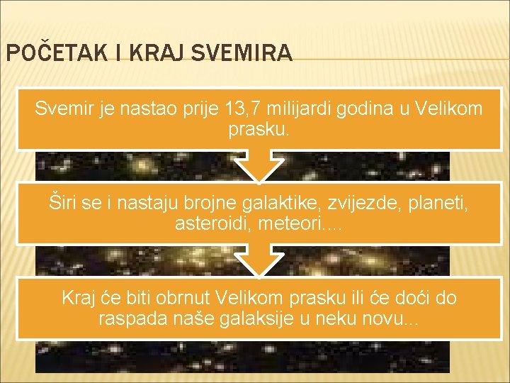 POČETAK I KRAJ SVEMIRA Svemir je nastao prije 13, 7 milijardi godina u Velikom