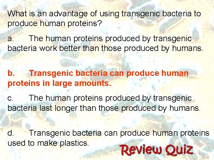 What is an advantage of using transgenic bacteria to produce human proteins? a. The