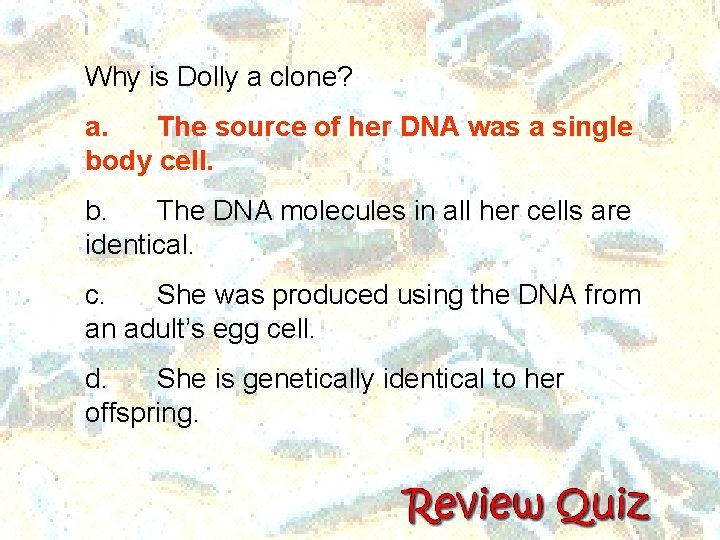 Why is Dolly a clone? a. The source of her DNA was a single