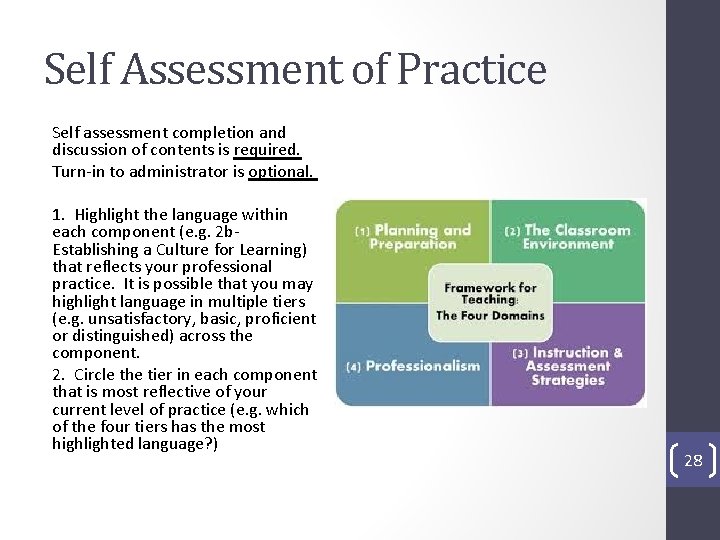 Self Assessment of Practice Self assessment completion and discussion of contents is required. Turn-in