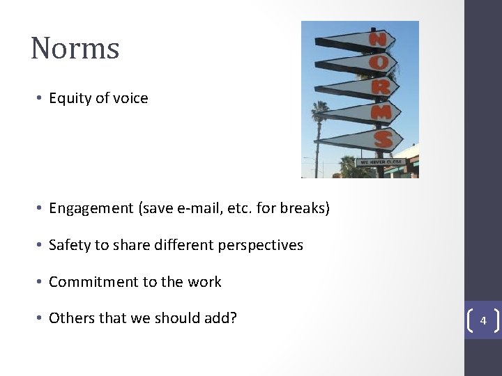 Norms • Equity of voice • Engagement (save e-mail, etc. for breaks) • Safety