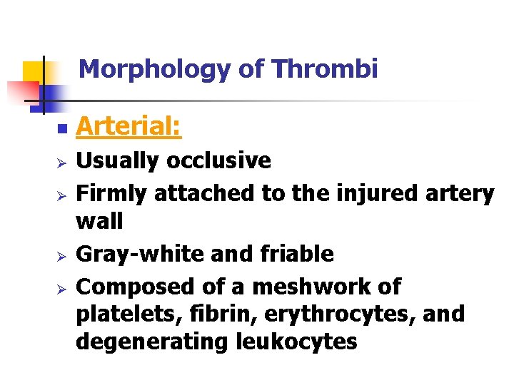Morphology of Thrombi n Ø Ø Arterial: Usually occlusive Firmly attached to the injured