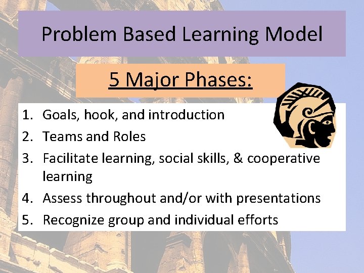 Problem Based Learning Model 5 Major Phases: 1. Goals, hook, and introduction 2. Teams