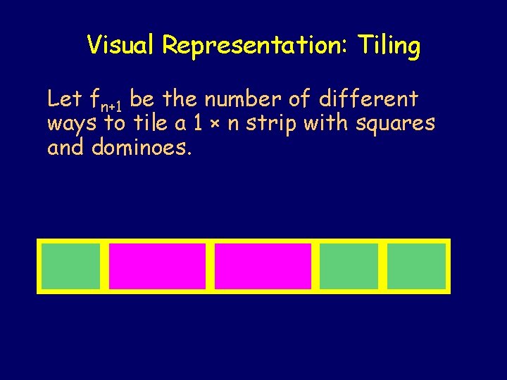 Visual Representation: Tiling Let fn+1 be the number of different ways to tile a