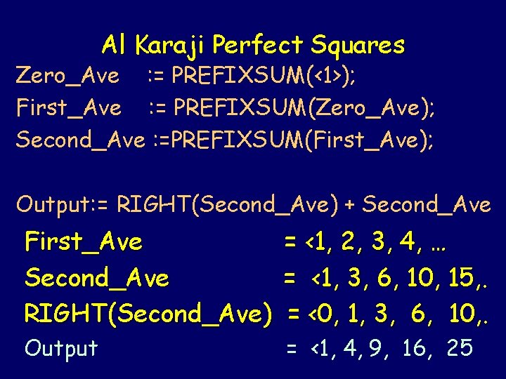 Al Karaji Perfect Squares Zero_Ave : = PREFIXSUM(<1>); First_Ave : = PREFIXSUM(Zero_Ave); Second_Ave :