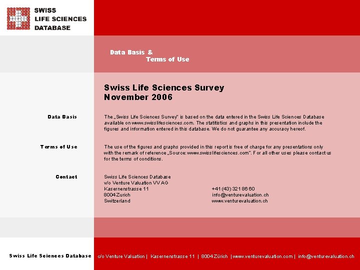 Data Basis & Terms of Use Swiss Life Sciences Survey November 2006 Data Basis