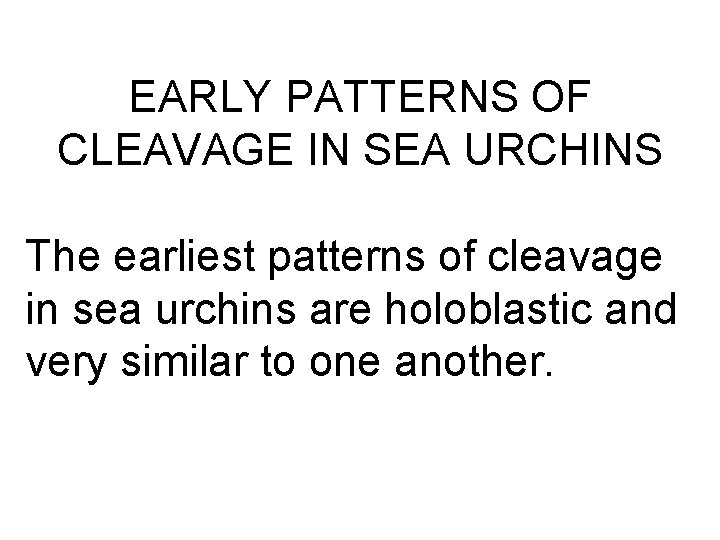 EARLY PATTERNS OF CLEAVAGE IN SEA URCHINS The earliest patterns of cleavage in sea