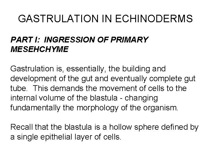 GASTRULATION IN ECHINODERMS PART I: INGRESSION OF PRIMARY MESEHCHYME Gastrulation is, essentially, the building