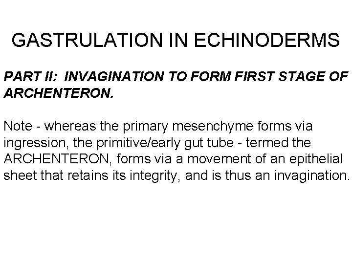 GASTRULATION IN ECHINODERMS PART II: INVAGINATION TO FORM FIRST STAGE OF ARCHENTERON. Note -