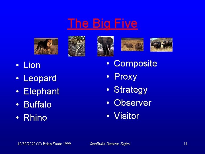 The Big Five • • • Lion Leopard Elephant Buffalo Rhino 10/30/2020 (C) Brian