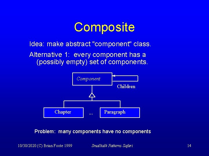 Composite Idea: make abstract "component" class. Alternative 1: every component has a (possibly empty)