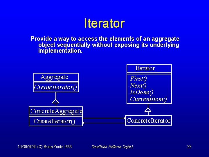 Iterator Provide a way to access the elements of an aggregate object sequentially without