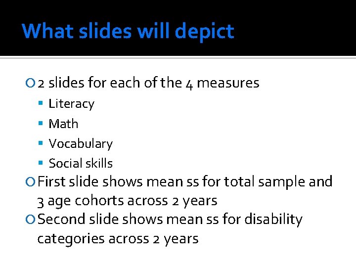 What slides will depict 2 slides for each of the 4 measures Literacy Math