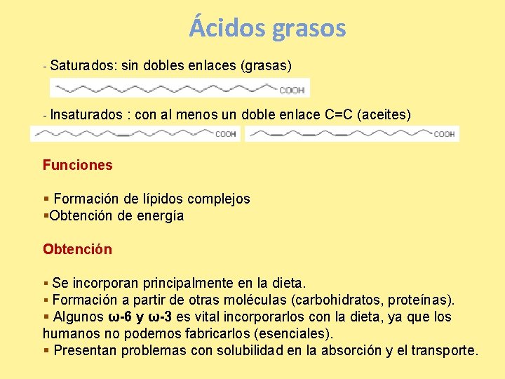 Ácidos grasos - Saturados: sin dobles enlaces (grasas) - Insaturados : con al menos