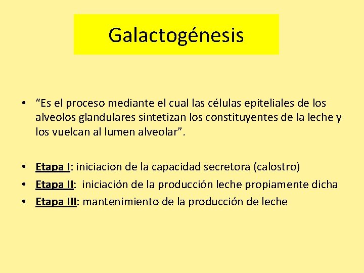 Galactogénesis • “Es el proceso mediante el cual las células epiteliales de los alveolos