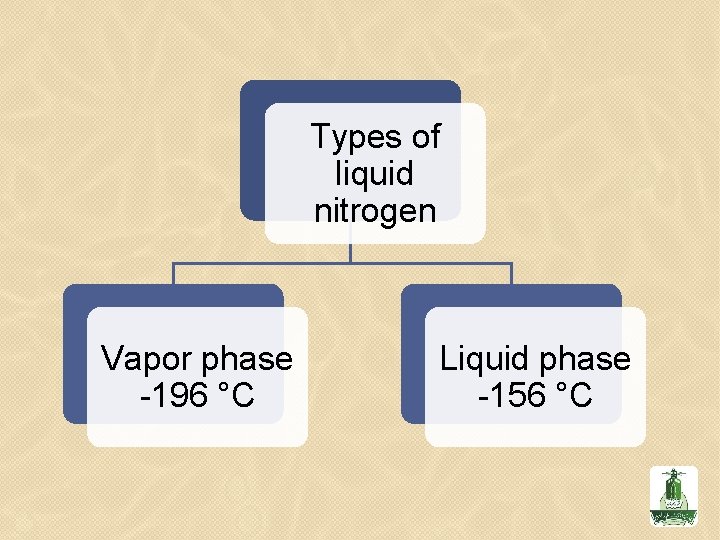 Types of liquid nitrogen Vapor phase -196 °C Liquid phase -156 °C 