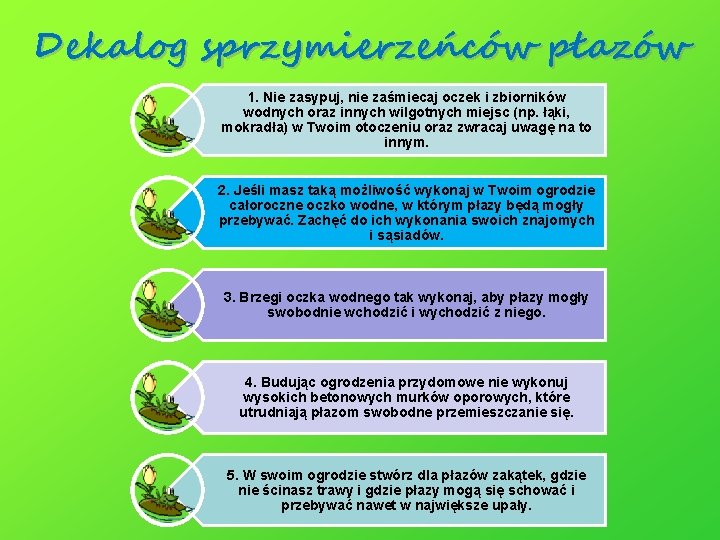 Dekalog sprzymierzeńców płazów 1. Nie zasypuj, nie zaśmiecaj oczek i zbiorników wodnych oraz innych