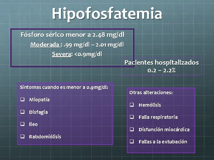 Hipofosfatemia Fósforo sérico menor a 2. 48 mg/dl Moderada : . 99 mg/dl –