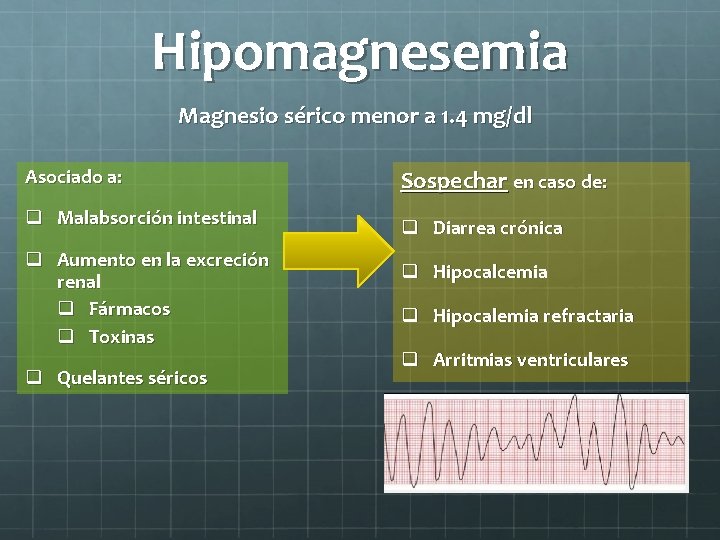 Hipomagnesemia Magnesio sérico menor a 1. 4 mg/dl Asociado a: Sospechar en caso de: