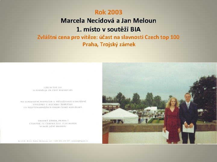 Rok 2003 Marcela Necidová a Jan Meloun 1. místo v soutěži BIA Zvláštní cena