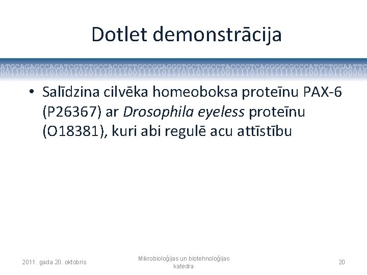 Dotlet demonstrācija • Salīdzina cilvēka homeoboksa proteīnu PAX-6 (P 26367) ar Drosophila eyeless proteīnu