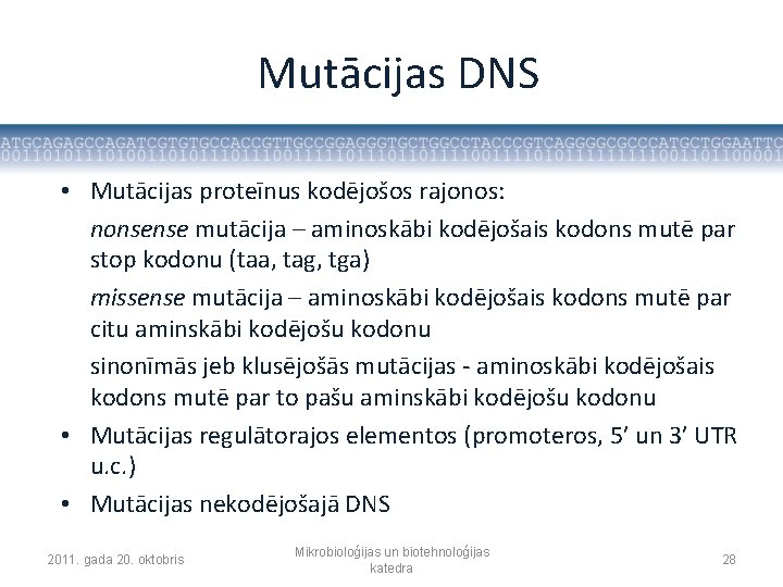 Mutācijas DNS • Mutācijas proteīnus kodējošos rajonos: nonsense mutācija – aminoskābi kodējošais kodons mutē
