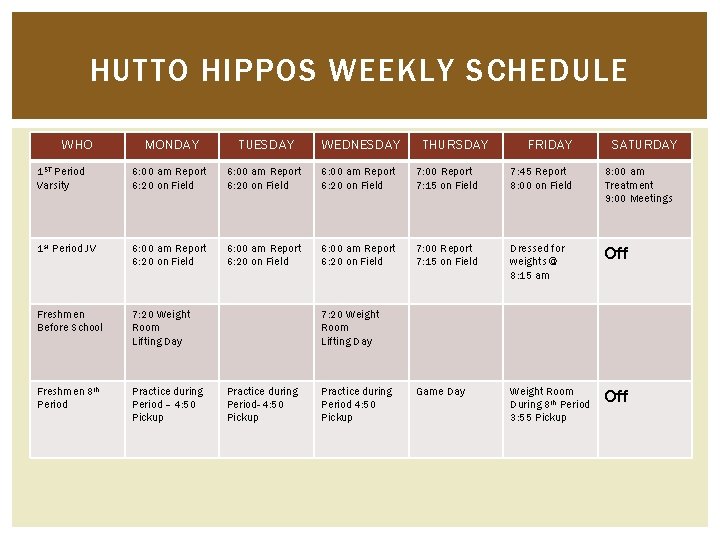 HUTTO HIPPOS WEEKLY SCHEDULE WHO MONDAY TUESDAY WEDNESDAY THURSDAY FRIDAY SATURDAY 1 ST Period