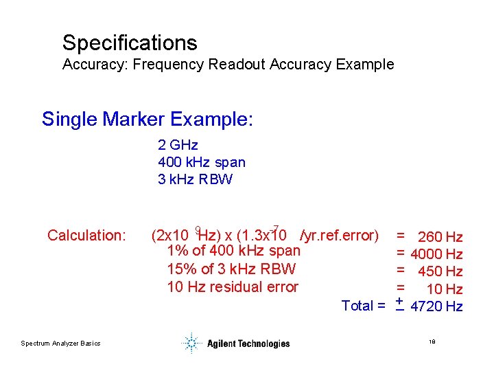 Specifications Accuracy: Frequency Readout Accuracy Example Single Marker Example: 2 GHz 400 k. Hz