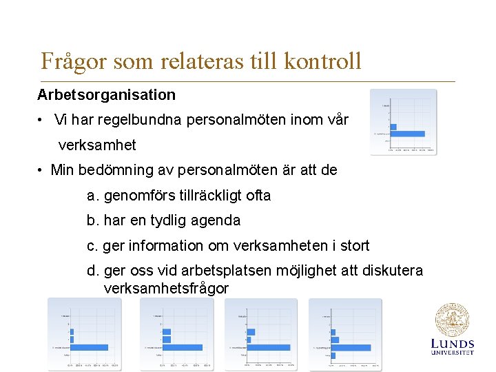 Frågor som relateras till kontroll Arbetsorganisation • Vi har regelbundna personalmöten inom vår verksamhet