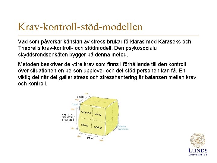 Krav-kontroll-stöd-modellen Vad som påverkar känslan av stress brukar förklaras med Karaseks och Theorells krav-kontroll-