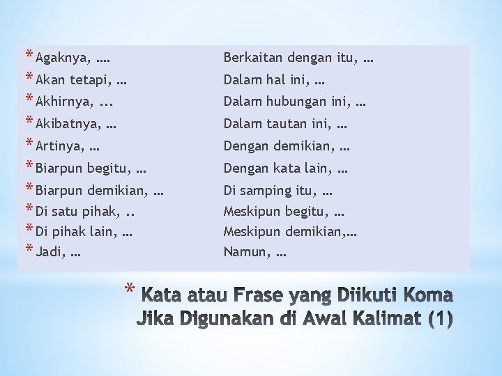 * Agaknya, …. * Akan tetapi, … * Akhirnya, . . . * Akibatnya,