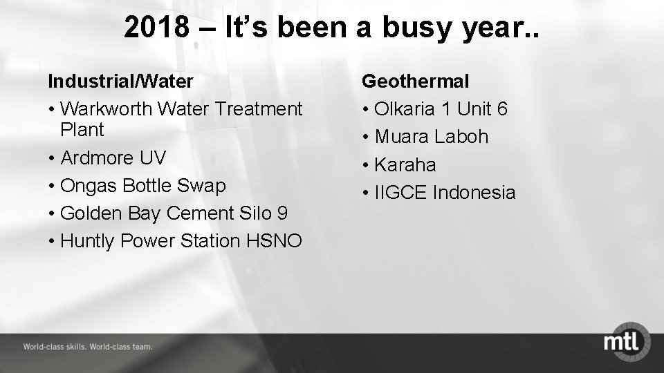 2018 – It’s been a busy year. . Industrial/Water • Warkworth Water Treatment Plant