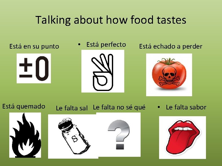 Talking about how food tastes Está en su punto Está quemado • Está perfecto