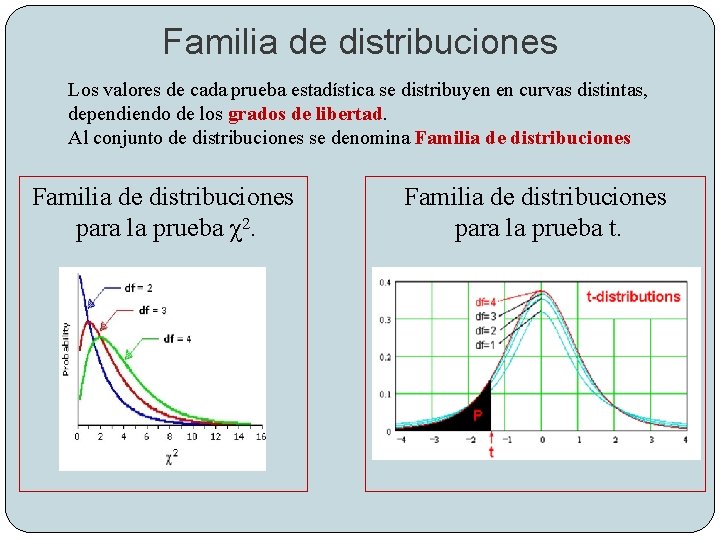 Familia de distribuciones Los valores de cada prueba estadística se distribuyen en curvas distintas,