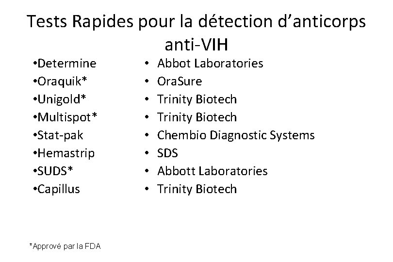 Tests Rapides pour la détection d’anticorps anti-VIH • Determine • Oraquik* • Unigold* •