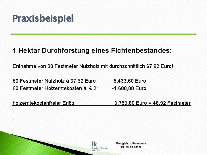 Praxisbeispiel 1 Hektar Durchforstung eines Fichtenbestandes: Entnahme von 80 Festmeter Nutzholz mit durchschnittlich 67,