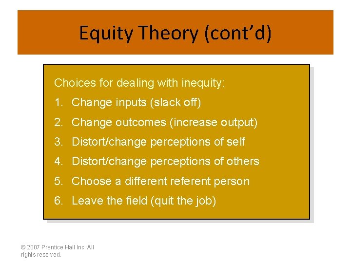 Equity Theory (cont’d) Choices for dealing with inequity: 1. Change inputs (slack off) 2.