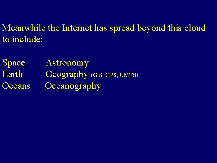 Meanwhile the Internet has spread beyond this cloud to include: Space Astronomy Earth Geography