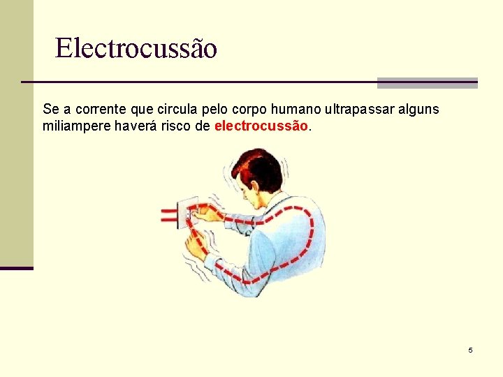 Electrocussão Se a corrente que circula pelo corpo humano ultrapassar alguns miliampere haverá risco