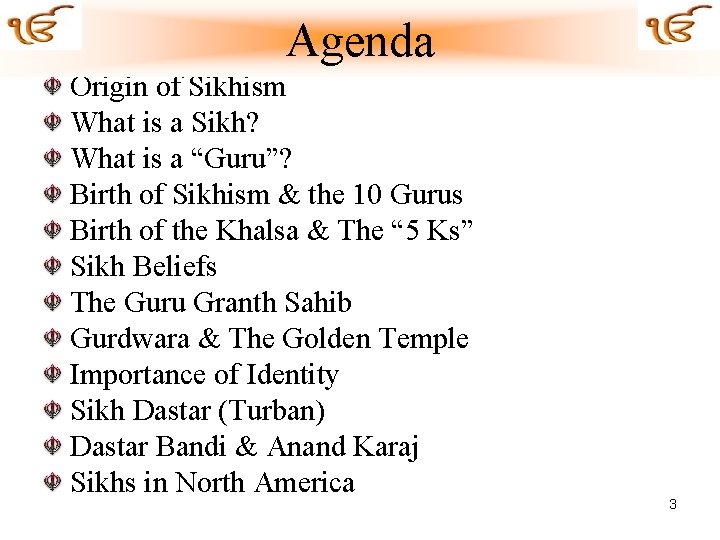 Agenda Origin of Sikhism What is a Sikh? What is a “Guru”? Birth of