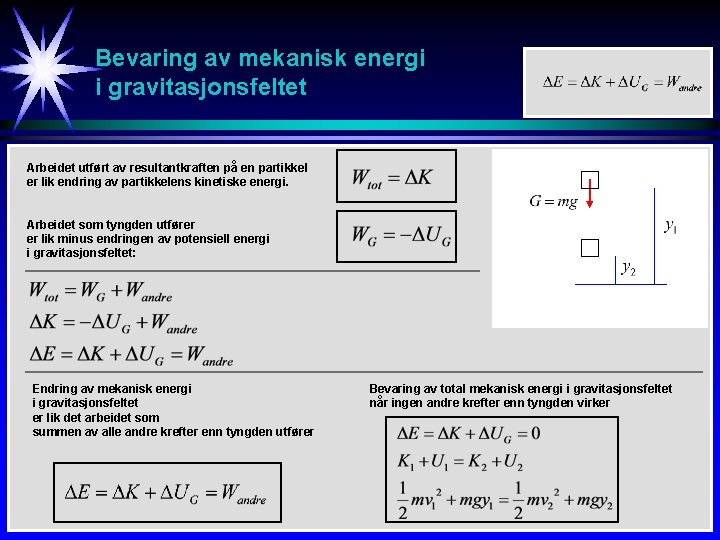 Bevaring av mekanisk energi i gravitasjonsfeltet Arbeidet utført av resultantkraften på en partikkel er