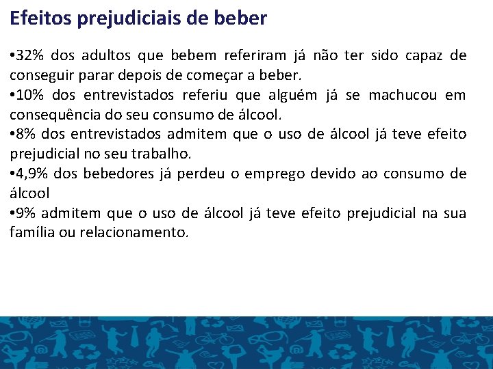 Efeitos prejudiciais de beber • 32% dos adultos que bebem referiram já não ter